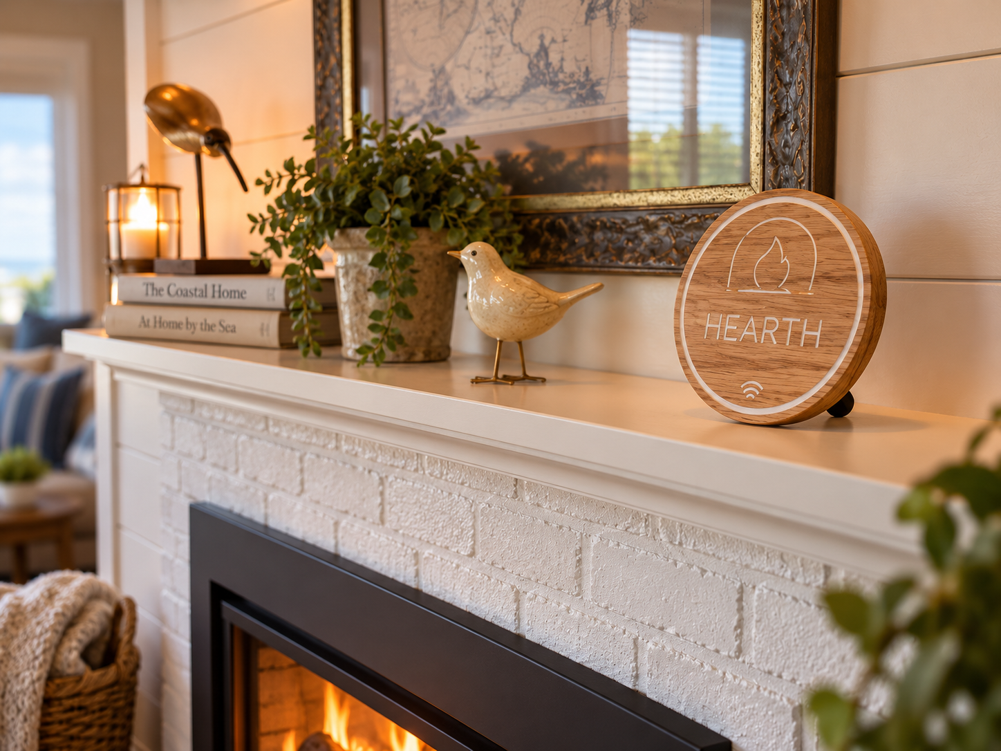 Hearth Beacon on a fireplace mantel